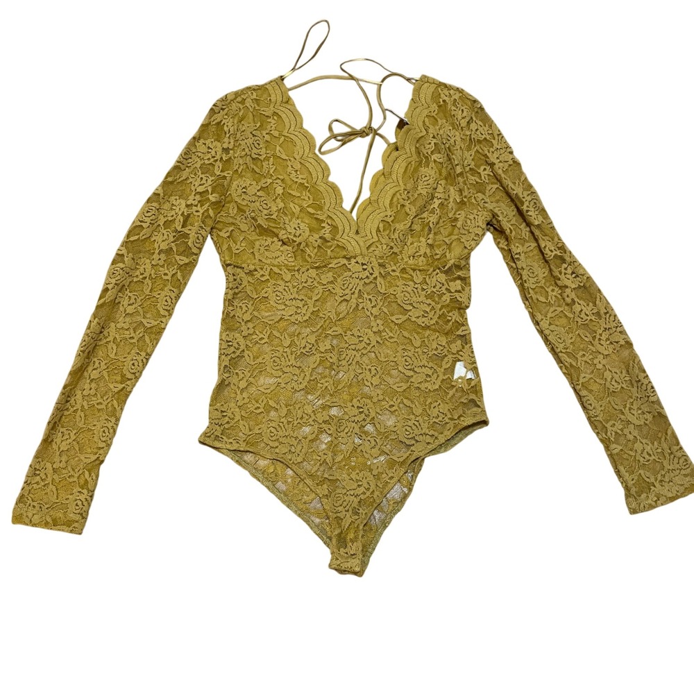 Ambiance Women's M Mustard Yellow Sheer Floral Lace LL Body Suit V-Neck Tie NWT